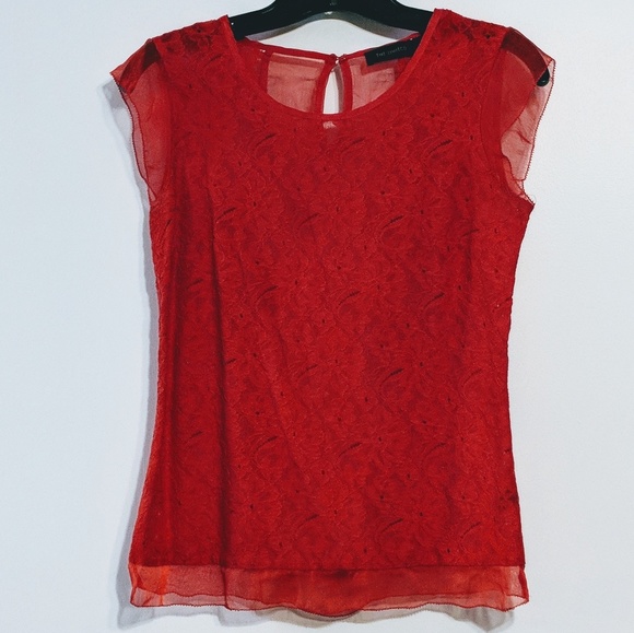 Red Lace Cap-sleeve Blouse - Picture 1 of 4